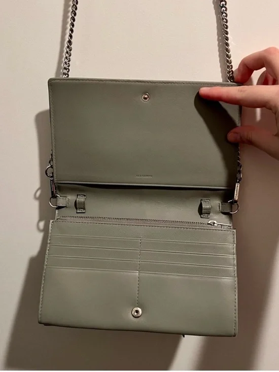 AllSaints Grey Leather Wallet on Chain Crossbody Bag Studded Minimal - Picture 2 of 6